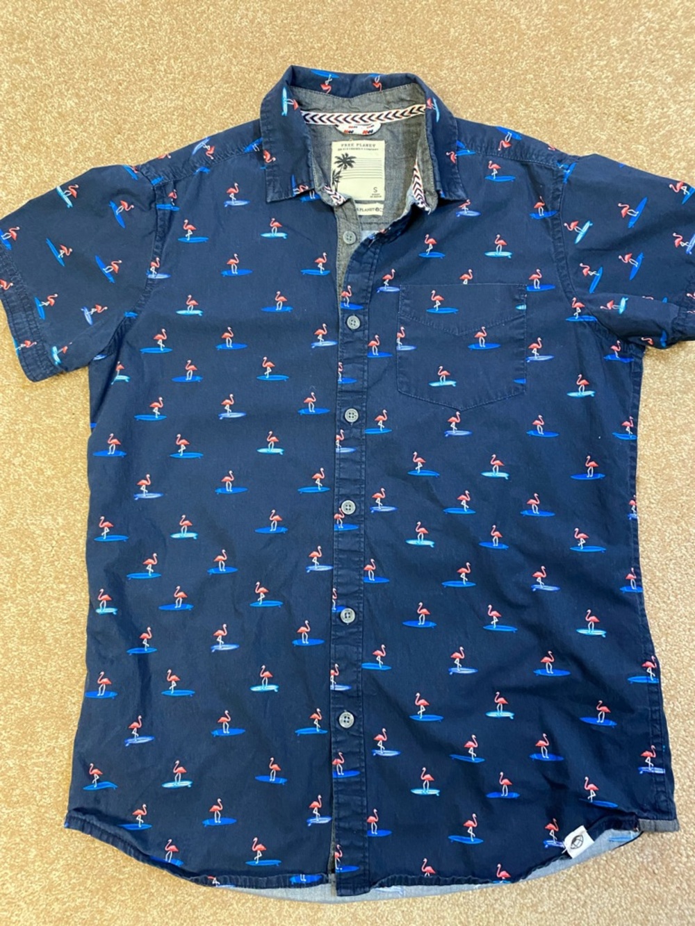 Free Planet Navy Short-Sleeve Flamingo Print Button-Down Shirt